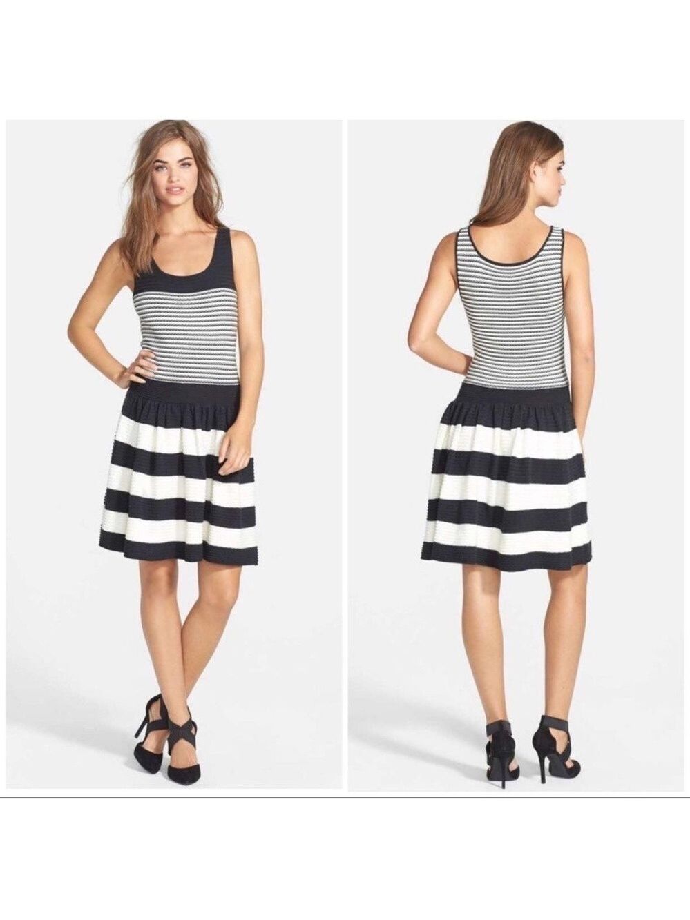 JESSICA SIMPSON Dress Black White Striped Fit-and-Flare Knit Sleeveless LARGE